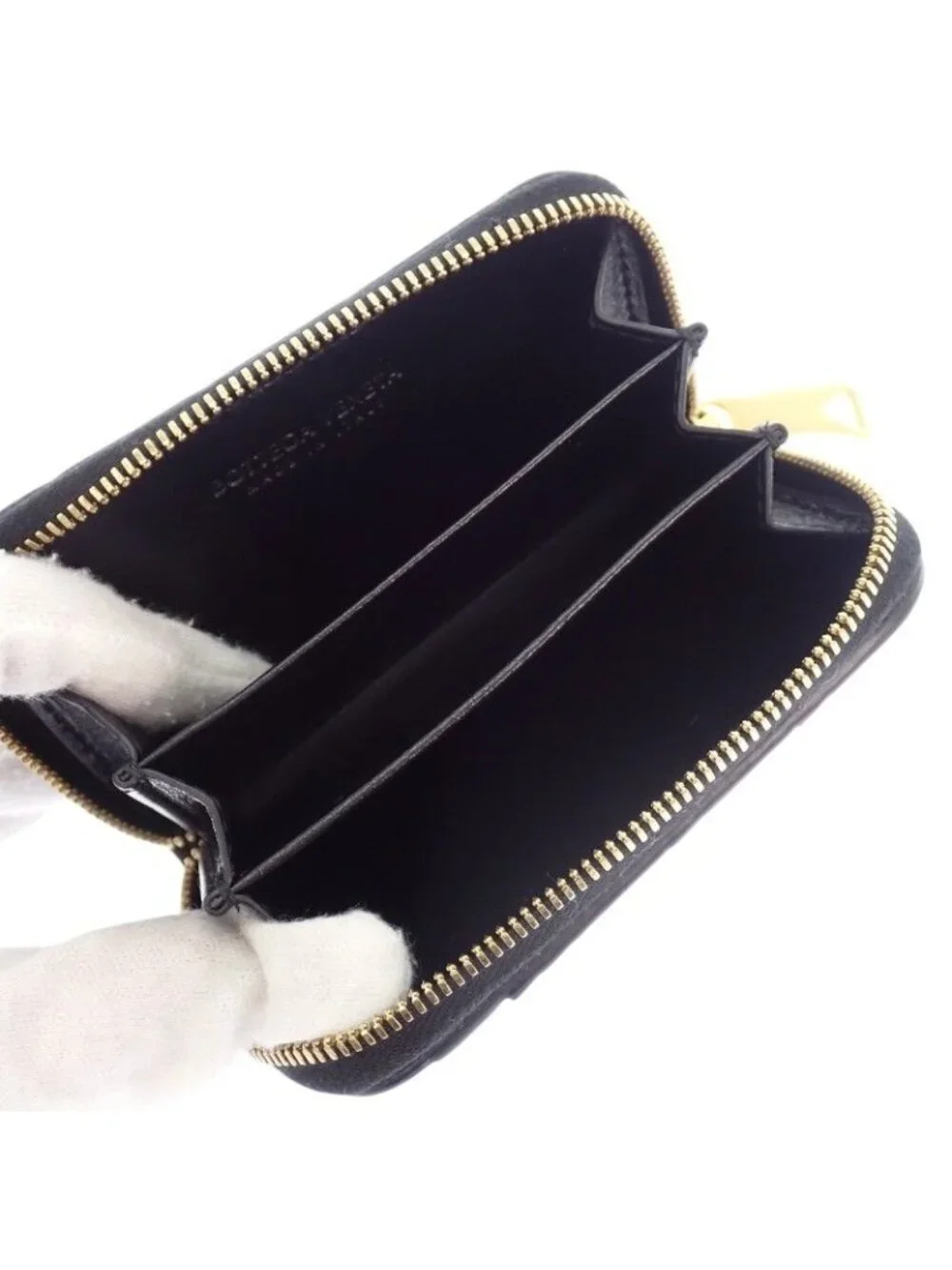Bottega Veneta Tiny Zip Around Card Slot Coin Purse Lambskin Black Gold